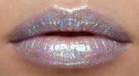 Glossy holographic lips with iridescent glitter makeup in pink and blue tones for beauty and cosmetics concepts.