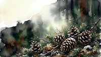 Watercolor pine branches with cones in misty forest atmosphere for seasonal holiday decorations and nature-themed designs.