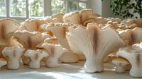 Fresh oyster mushrooms in soft natural light on wooden surface, organic cultivation at home. Delicate beige gills and stems create artistic composition.