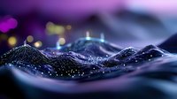 Glowing digital landscape with mountain peaks and sparkles against dark purple background creates futuristic technological terrain visualization.