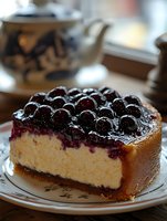 Creamy cheesecake slice topped with fresh black cherries and glossy syrup on vintage plate, with teapot in soft background. Close up food photography.