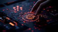 Futuristic fingerprint scanner with glowing orange interface and hexagonal pattern on dark surface, human finger touching biometric security panel for access control.