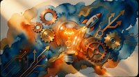 Creative innovation concept with glowing lightbulb, gears, rocket and arrows in watercolor style representing business growth, startup ideas and entrepreneurship.