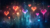Glowing neon hearts hanging against cosmic galaxy background with vibrant colors and light streaks for romantic design projects.