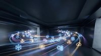 Glowing digital network pathways with interconnected nodes and gear icons flowing through modern industrial space, representing technology infrastructure and data connectivity.