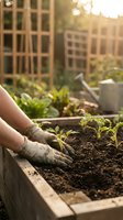 Hands in gardening gloves planting seedlings in raised bed garden box with warm sunlight and watering can in background for organic vegetable growing.