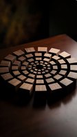 Handcrafted wooden circular puzzle with geometric pattern on dark table surface showcasing artisan woodworking and craftsmanship skills.
