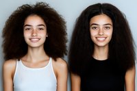 Two young women with natural curly afro hairstyles smiling at camera, wearing white and black tank tops against neutral background. Diverse beauty portrait.