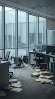 Abandoned office space with scattered papers and overturned chairs after disaster or evacuation, corporate workplace interior with large windows.
