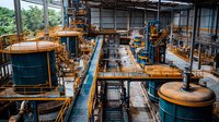 Industrial chemical processing facility interior with large metal tanks, pipelines, and walkways showing manufacturing equipment and production line setup.
