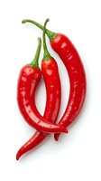 Fresh red chili peppers with green stems arranged on white background. Vibrant produce for cooking, culinary, and food photography projects.