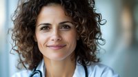 Professional female doctor with curly brown hair smiling confidently in medical office wearing white coat. Healthcare worker portrait for medical services.