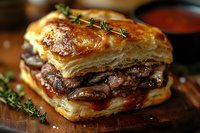 Juicy braised beef layered between flaky golden puff pastry, garnished with fresh thyme sprigs, served on wooden board with sauce, close-up view of gourmet meat pie.