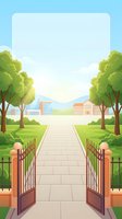 Suburban residential driveway with open gates, lush green trees, manicured lawn, and distant houses under blue sky. Isolated clipart for design projects.
