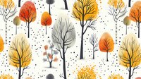 Seamless autumn forest pattern with watercolor trees in orange and yellow tones, black silhouettes and dots on white background. Nature inspired repeating design.