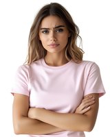 Young Caucasian woman with crossed arms wearing pink t-shirt showing serious expression isolated on white background for fashion and lifestyle concepts.