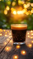 Dark craft beer with creamy foam head in glass on rustic wooden table, illuminated by warm string lights and bokeh background creating cozy atmosphere.