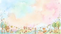 Young child illustration with teddy bear, fox, and woodland creatures in pastel watercolor landscape with trees and flowers, suitable for nursery decor and children's book design.