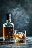 Glass of whiskey with ice cubes and bottle on dark background with dramatic smoke. Luxury spirits photography for bars, restaurants and beverage marketing.