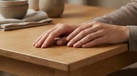 Woman hands resting on wooden table surface in cozy kitchen setting with ceramic bowls and linen napkin creating warm domestic atmosphere.