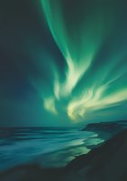 Mesmerizing aurora borealis dancing over coastal landscape at night, vibrant green lights reflecting in ocean waves along dark rocky shoreline under starlit sky.