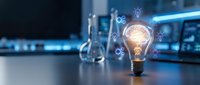 Glowing light bulb with digital innovation icons floating around it on modern office desk with laptop and technology equipment in blurred background.
