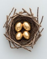 Golden eggs in natural twig nest symbolizing wealth, investment growth, and financial security for business concepts and retirement planning.