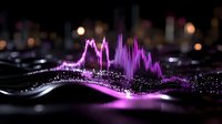 Glowing purple sound wave visualization with particle effects on dark background creates dynamic audio spectrum display for music and entertainment design.