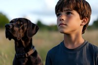 Young Caucasian boy with dark hair in blue t-shirt gazing thoughtfully into distance alongside loyal black dog in summer field at golden hour.