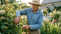 Senior Caucasian male gardener in straw hat and denim shirt tending to flowering plants in cottage garden during golden hour sunlight for organic farming content.