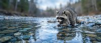 Raccoon washing food in clear mountain stream with forest background, wildlife behavior in natural habitat during daytime.