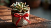 Green succulent plant in small concrete pot decorated with red ribbon bow on wooden surface. Perfect for home decor or gift giving.
