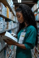Young African American female healthcare worker in scrubs checking inventory in medical supply room. Professional setting shows dedication to patient care.