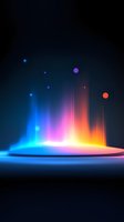 Vibrant aurora-like light waves in blue, pink, and orange colors create magical atmospheric effect against dark background, with glowing orbs floating above.