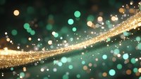 Magical golden glitter wave with sparkling turquoise and gold bokeh lights on dark background, creating dreamy abstract festive atmosphere for holiday designs.