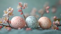 Speckled Easter eggs in pastel colors with delicate spring cherry blossoms against soft teal background, creating seasonal holiday composition.