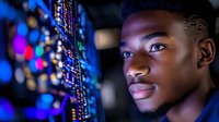 Young African American man looking at digital display with colorful bokeh lights in background, modern technology concept showing innovation and future.