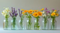 Fresh summer wildflowers and garden blooms arranged in glass mason jars on neutral background, including lavender, daisies, marigolds and chamomile flowers.