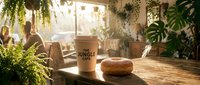 Steaming coffee mug and fresh pastry on wooden table surrounded by lush green plants and natural sunlight streaming through window, creating warm, inviting workspace or cafe atmosphere.