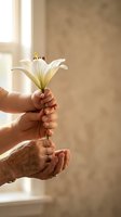 Young hands giving white lily flower to elderly hands in warm sunlight representing intergenerational love, care, respect and family bonding moments.