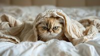 Grumpy Persian cat with blue eyes peeking out from under beige blankets and bedsheets, showing displeased expression while lying cozy in bed.