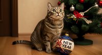 Tabby cat sitting on wooden floor next to New Year ornament and decorated Christmas tree in background, festive holiday scene.
