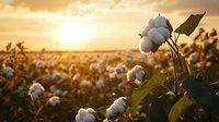 Cotton plant with fluffy white bolls in golden sunset light across expansive field, agricultural harvest scene for farming, textile, and nature content.