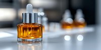 Amber glass dropper bottle with serum on white surface against blurred background. Luxury skincare and beauty product photography for cosmetic advertising.