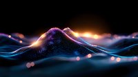 Glowing digital wave landscape with particle dots forming mountain-like terrain against dark background, illuminated by orange and blue light effects.