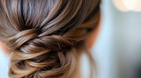 Elegant twisted updo hairstyle with smooth brown hair featuring caramel highlights against soft blurred background, perfect for wedding inspiration.