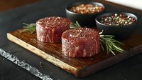 Raw beef tenderloin steaks on wooden cutting board with rosemary sprigs and bowls of assorted peppercorns and seasoning for gourmet cooking preparation.