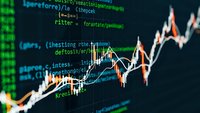 Financial trading charts with programming code overlay showing market data analysis and algorithmic trading software development for fintech applications.
