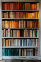 Vintage bookshelf with colorful antique books arranged by hue, from warm reds and oranges at top to cool blues and greens at bottom.