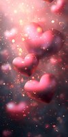 Glowing pink hearts floating in dark space with magical sparkles and bokeh lights creating romantic atmosphere for Valentine's Day designs and love themes.